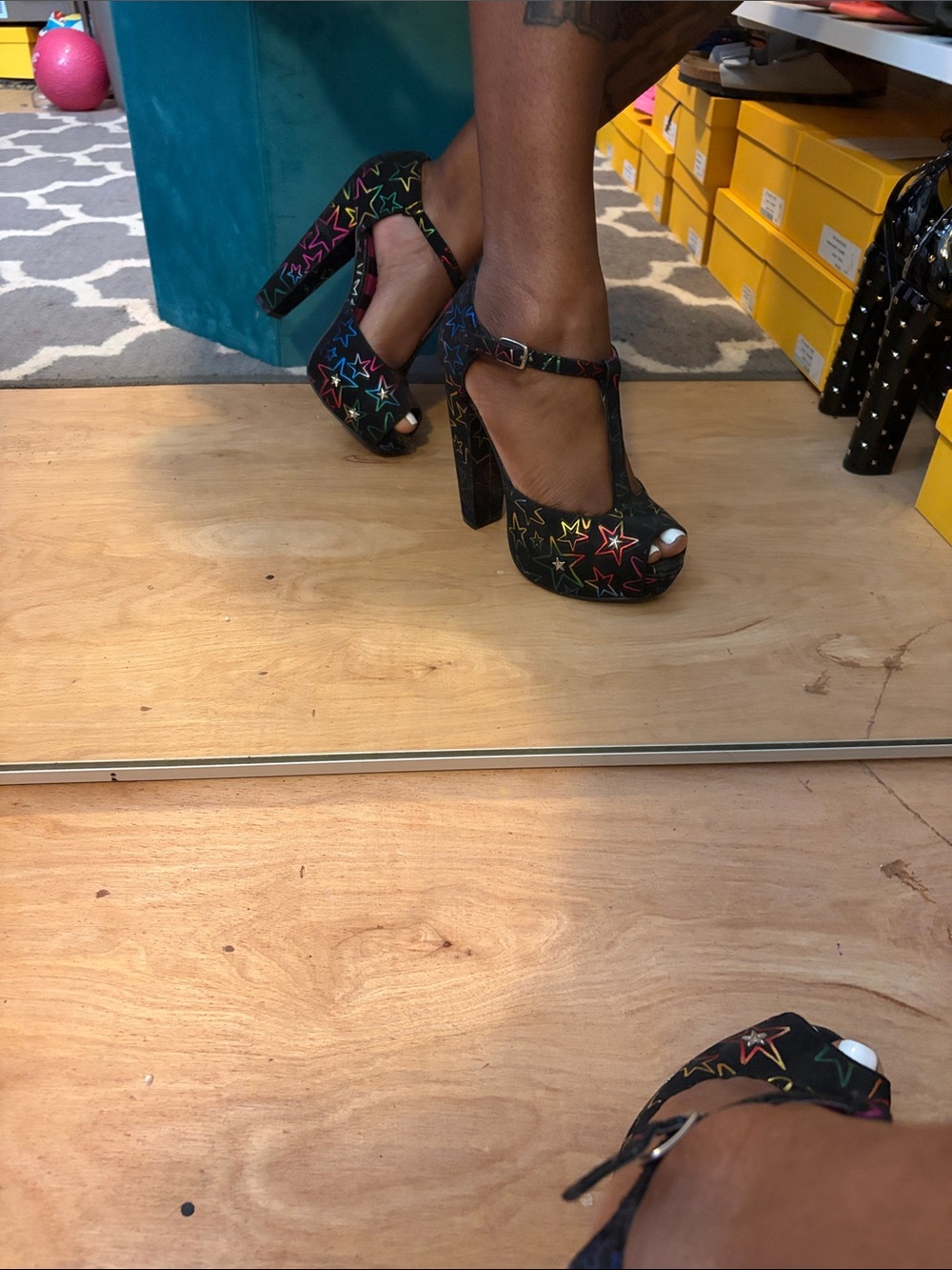 Abbey Dawn Black Platform T-Strap Heels with Multicolor Stars